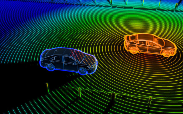 computer-generated imagery of two cars on road with ripples around vehicles.