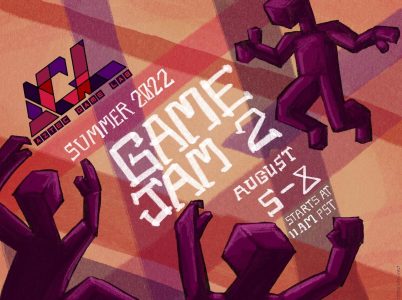 Purple geometric figures dance on a background of red, purple and orange intersecting lines. White text in the foreground advertises that the Aztec Game Lab's second summer game jam will start at 11 AM PST on August 5th