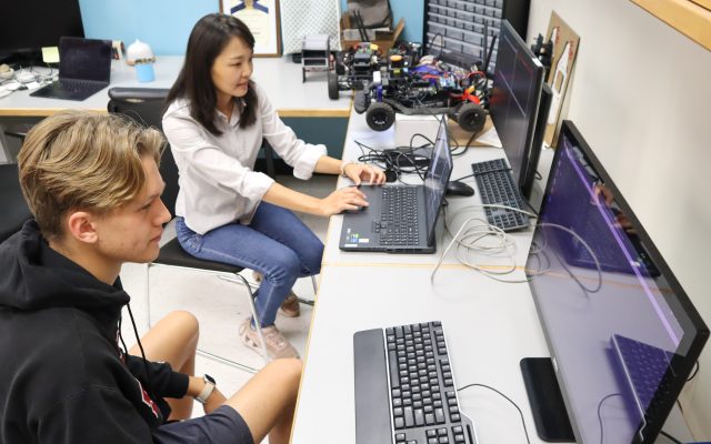 Fourth-year computer science student Pascal Reich and master’s student Hyunhee Kwak develop software and advanced algorithms, implementing modeling and analysis techniques for a project to develop a self-driving vehicle in computer science Assistant Professor Hyunjong Choi’s lab